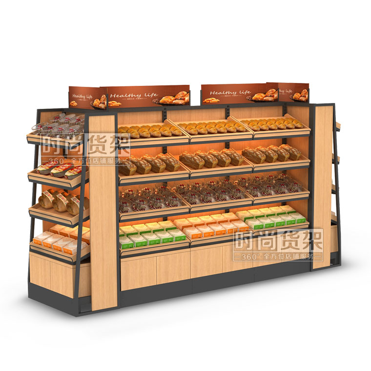 便利店貨架_面包區(qū) (雙面木板帶地柜)